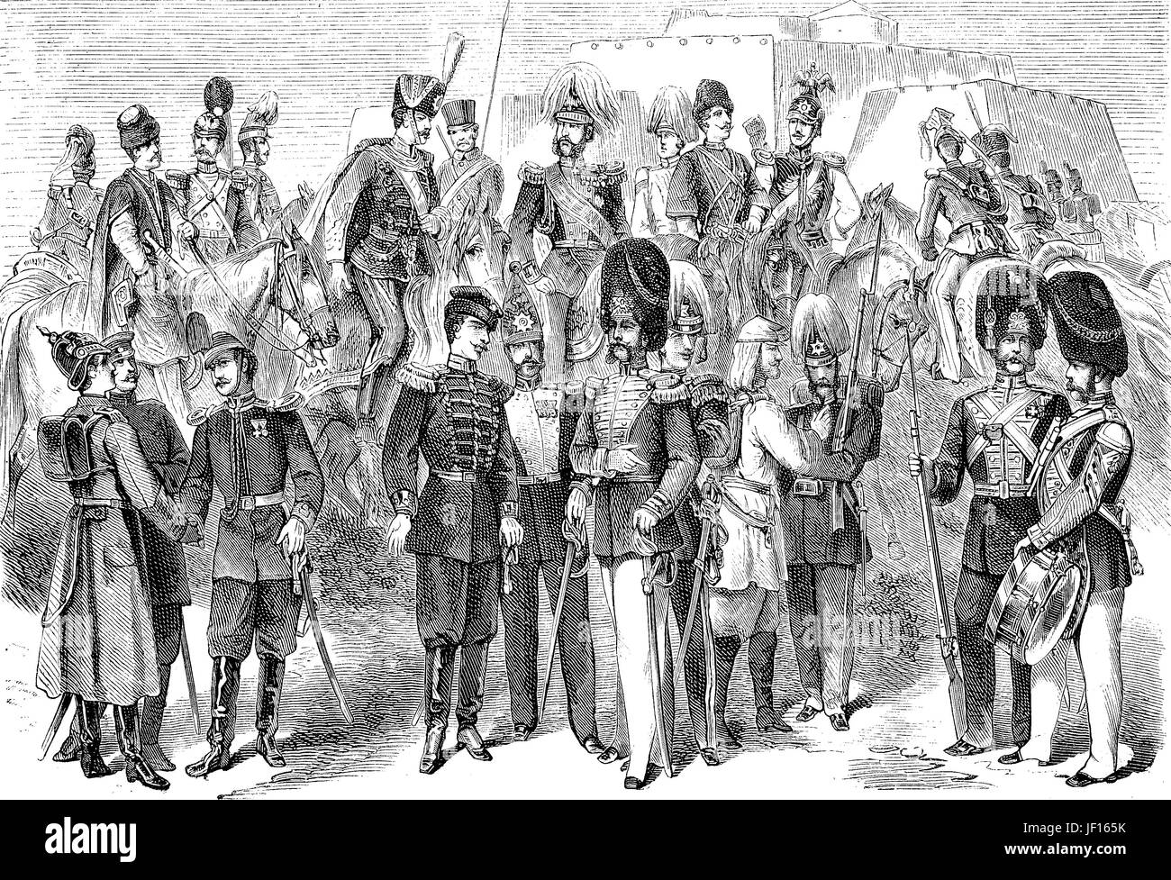 Le divise dei soldati russi nell'anno 1880, Russo dragoni e ussari, fanteria, artiglieria, ufficiali della Guardia reale, Infantery della Guardia Reale, Royal Guardists (da sinistra a destra), digitale riproduzione migliorata da un originale stampa dal 1888 Foto Stock