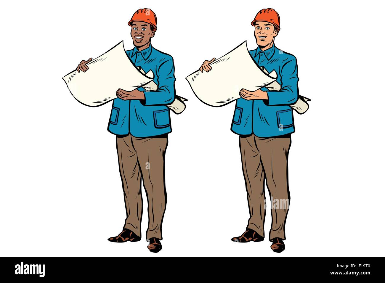 Due uomini Builder americano africano e Caucasico Illustrazione Vettoriale