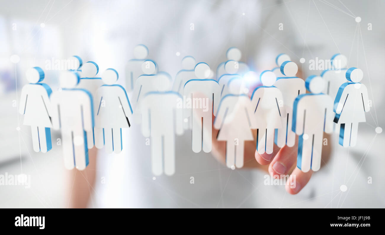 Imprenditore su sfondo sfocato toccando il rendering 3D gruppo di persone con il suo dito Foto Stock