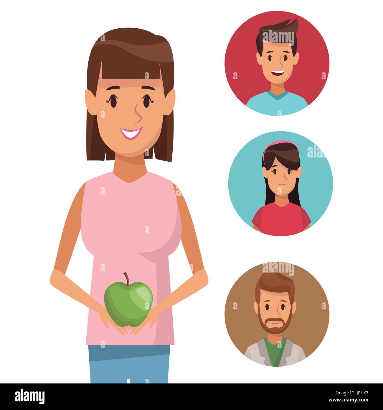 Poster colorati mezzo corpo donna con frutta di Apple e l'icona di impostare le persone Illustrazione Vettoriale