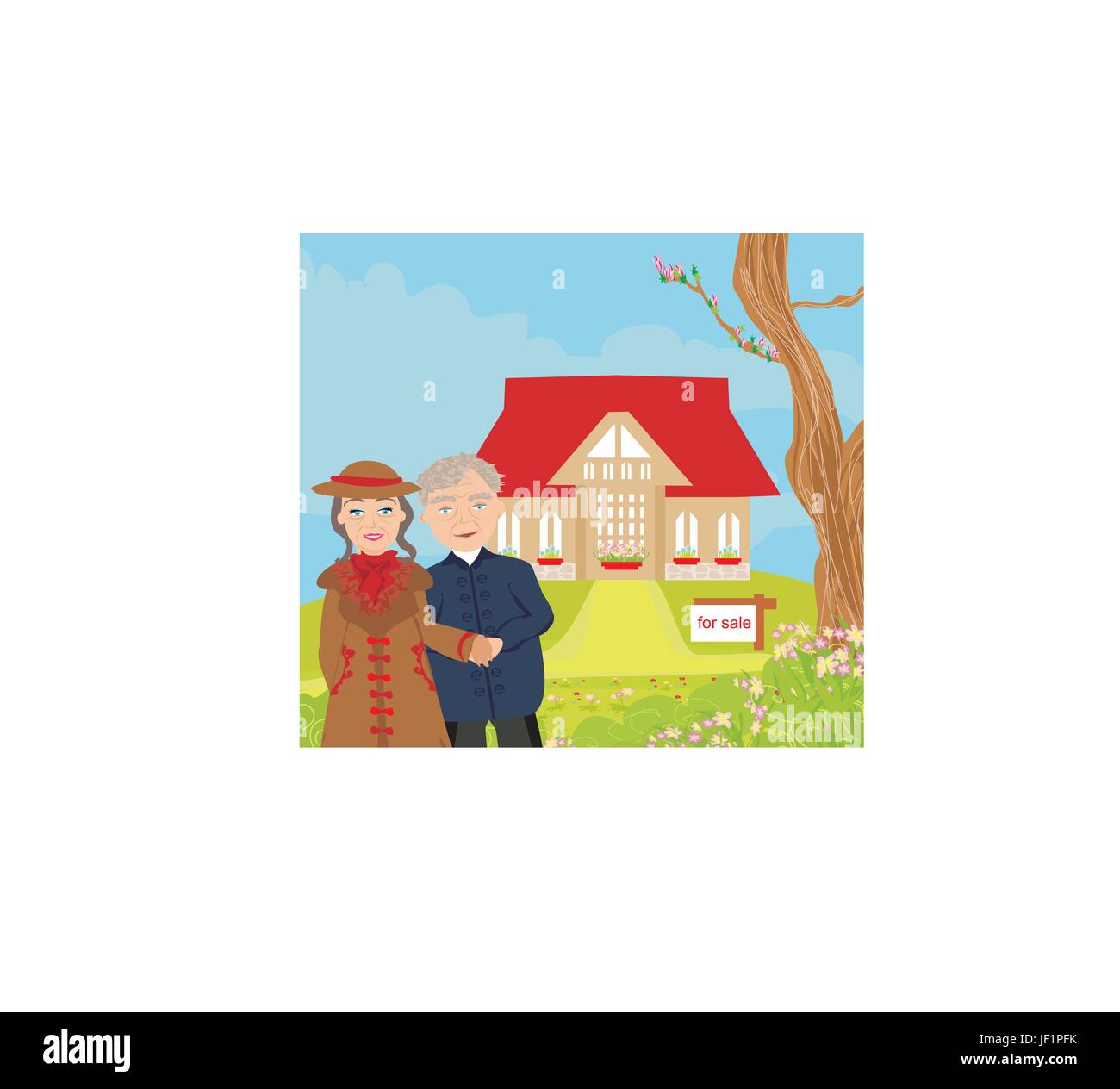 Una illustrazione vettoriale di una grande bella casa moderna con in vendita segno Illustrazione Vettoriale