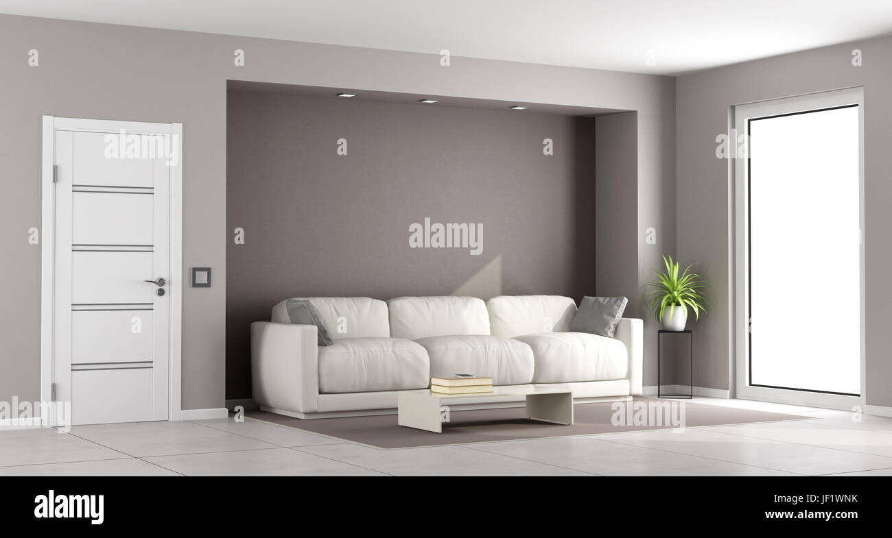 Marrone moderno soggiorno con divano bianco e porta chiusa - 3d rendering Foto Stock