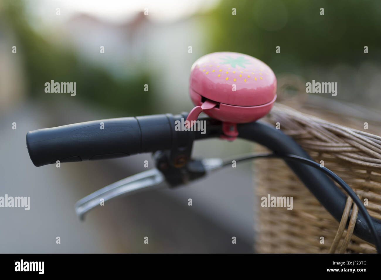 Un manubrio di bicicletta con campana di rosa Foto Stock