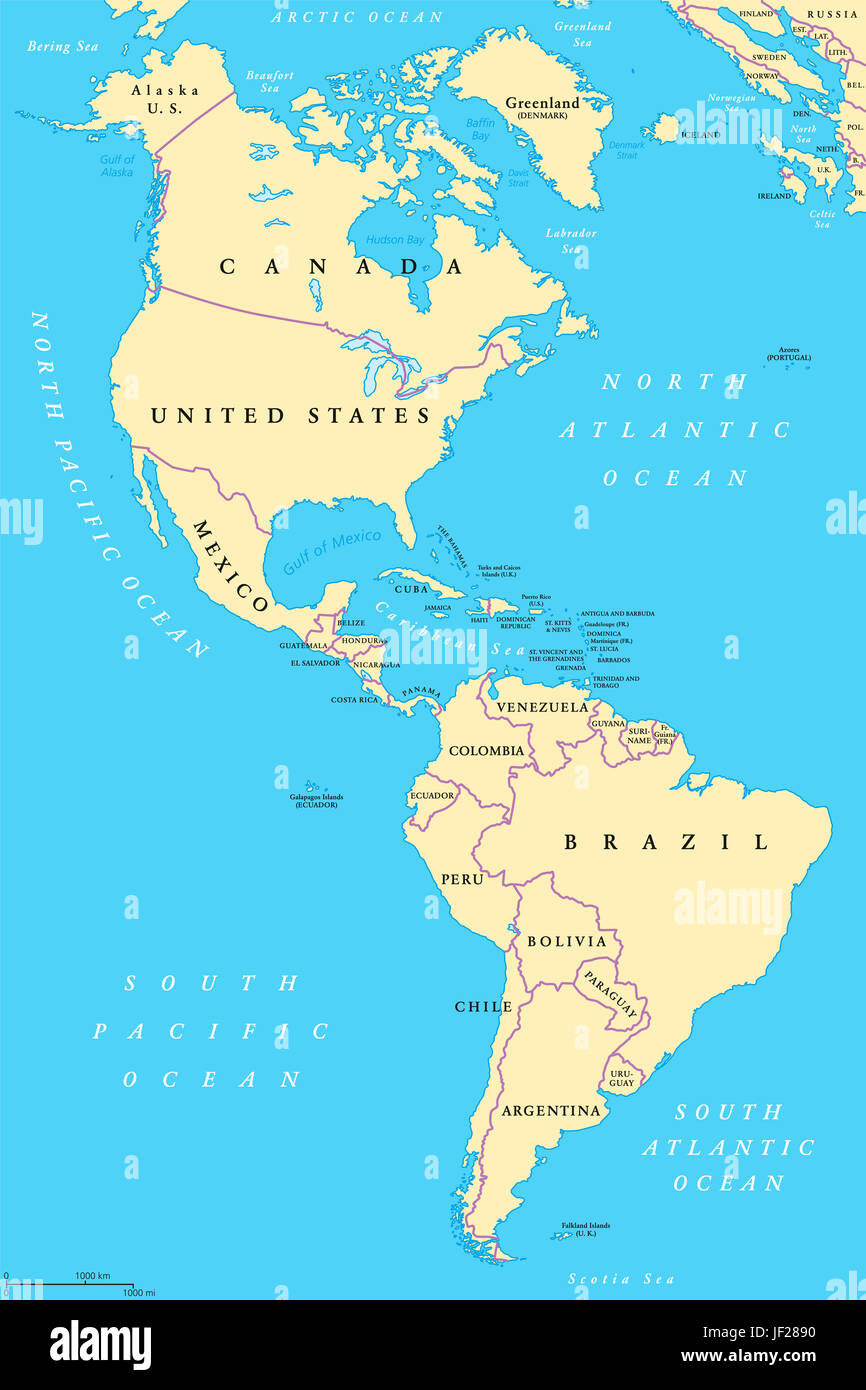 Le Americhe, Nord e Sud America, mappa politico con i paesi e i confini internazionali dei due continenti. Nuovo Mondo e dell'emisfero occidentale. Foto Stock