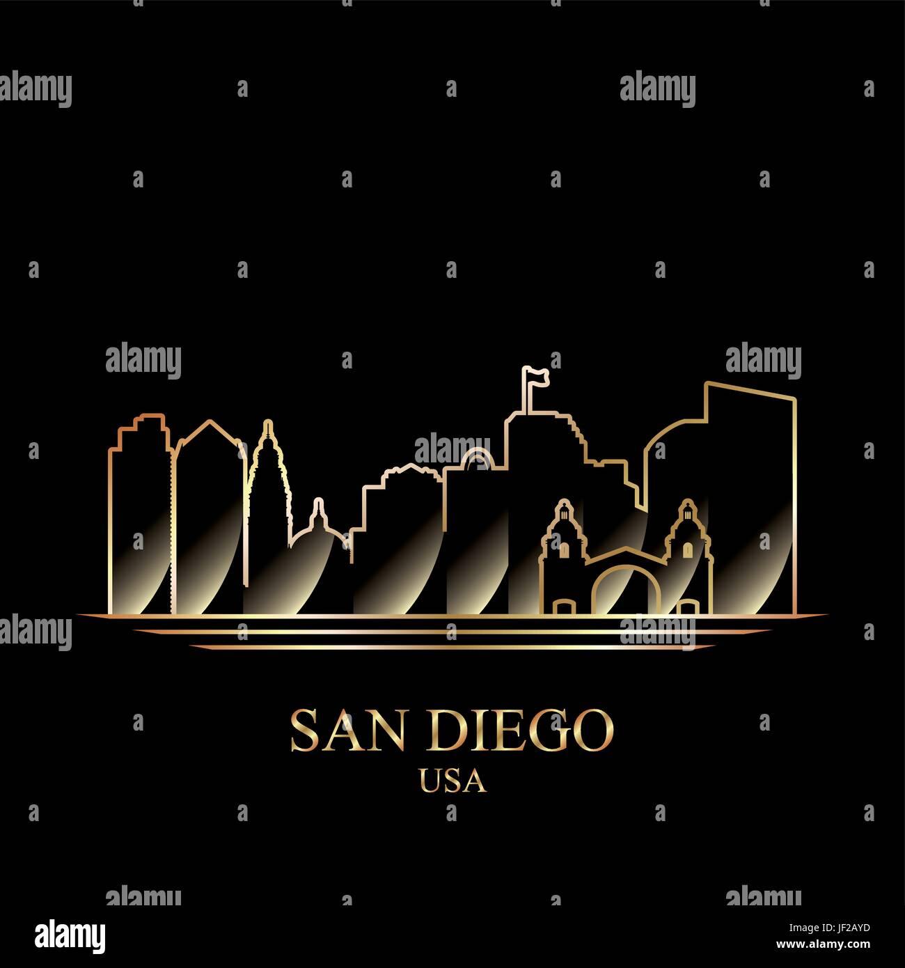 Silhouette di oro di San Diego su sfondo nero, illustrazione vettoriale Illustrazione Vettoriale