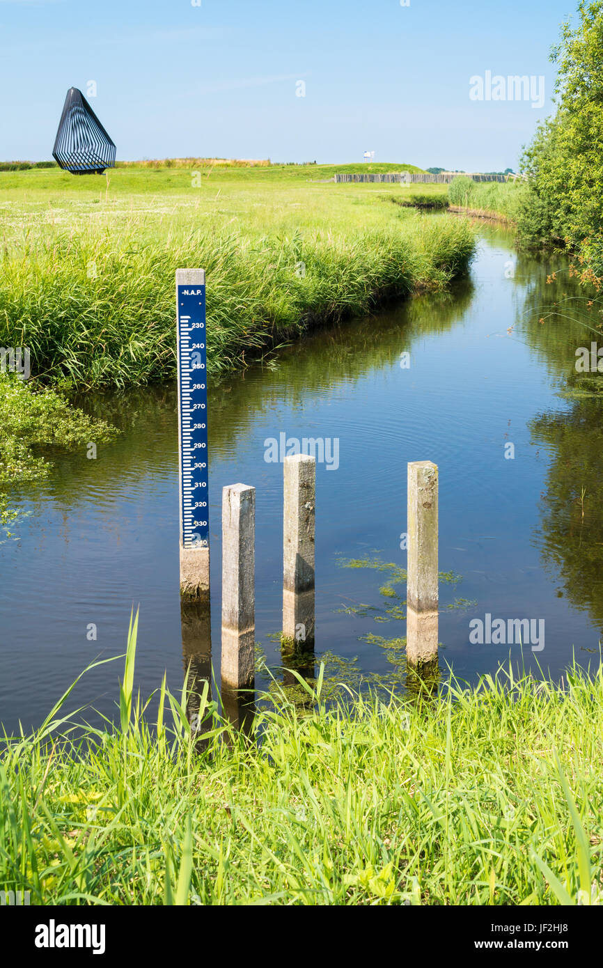 Livello acqua misuratore di personale nel fosso in Schokland polder, Noordoostpolder, Flevoland, Paesi Bassi Foto Stock