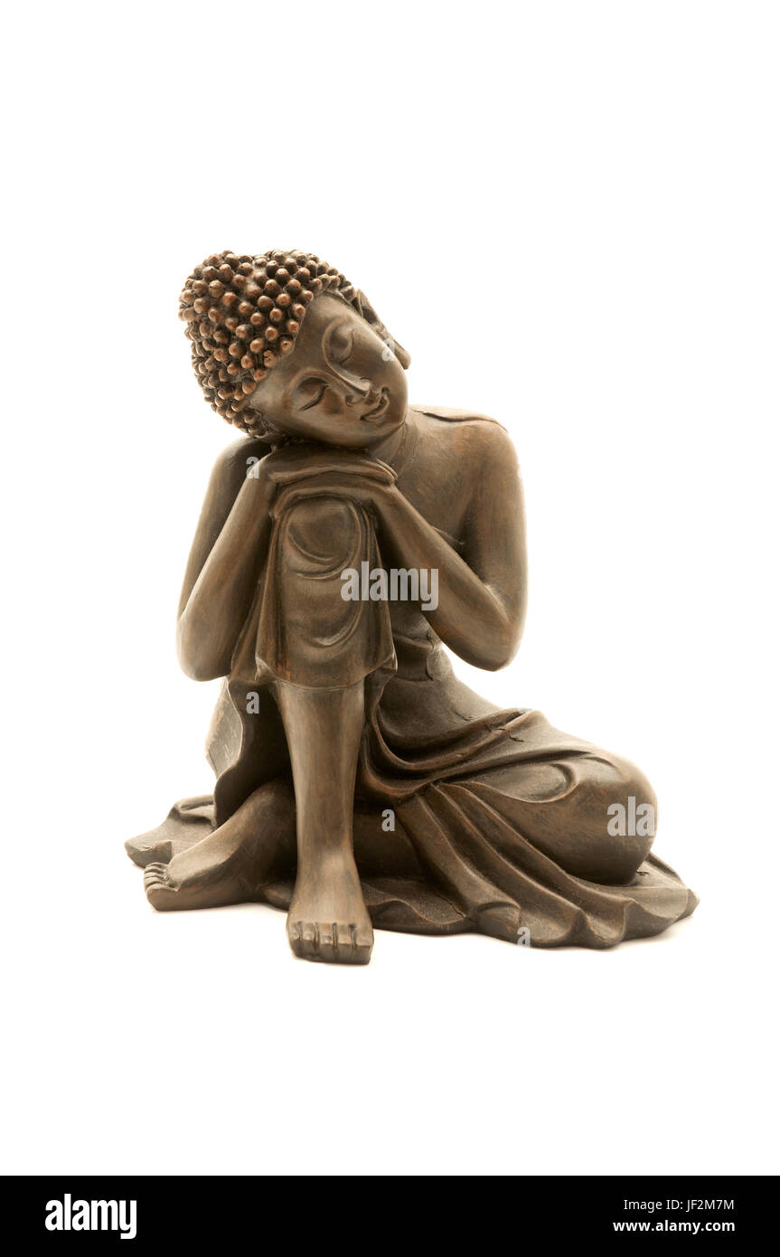 Buddha di appoggio su sfondo bianco Foto Stock