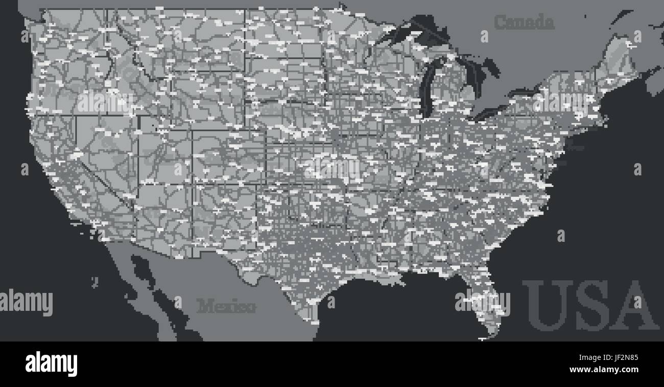 Il vettore ad alta precisione dettagliata, exact Stati Uniti d'America, american road, mappa autostradale con la marcatura. Geographic in bianco e nero monocromatico admini Illustrazione Vettoriale