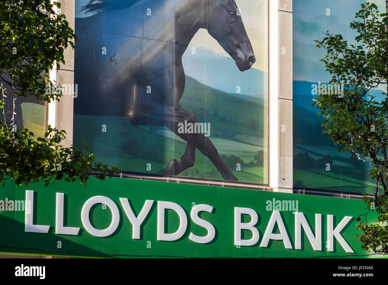 Lloyds Bank con le foto del cavallo nero al di sopra del ramo su Oxford Street, London, England, Regno Unito Foto Stock