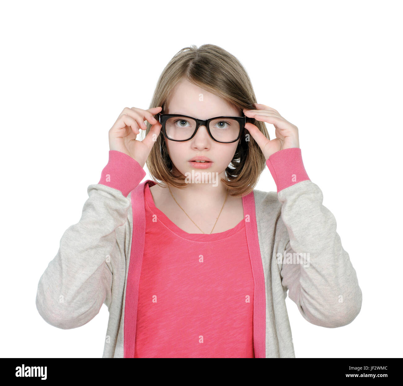 Carino giovane ragazza porta gli occhiali da vista. Foto Stock