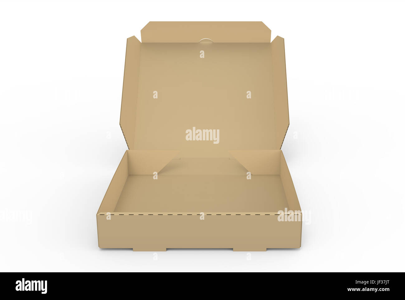 3D rendering open blank brown Scatola pizza, isolato sfondo bianco, vista in elevazione Foto Stock