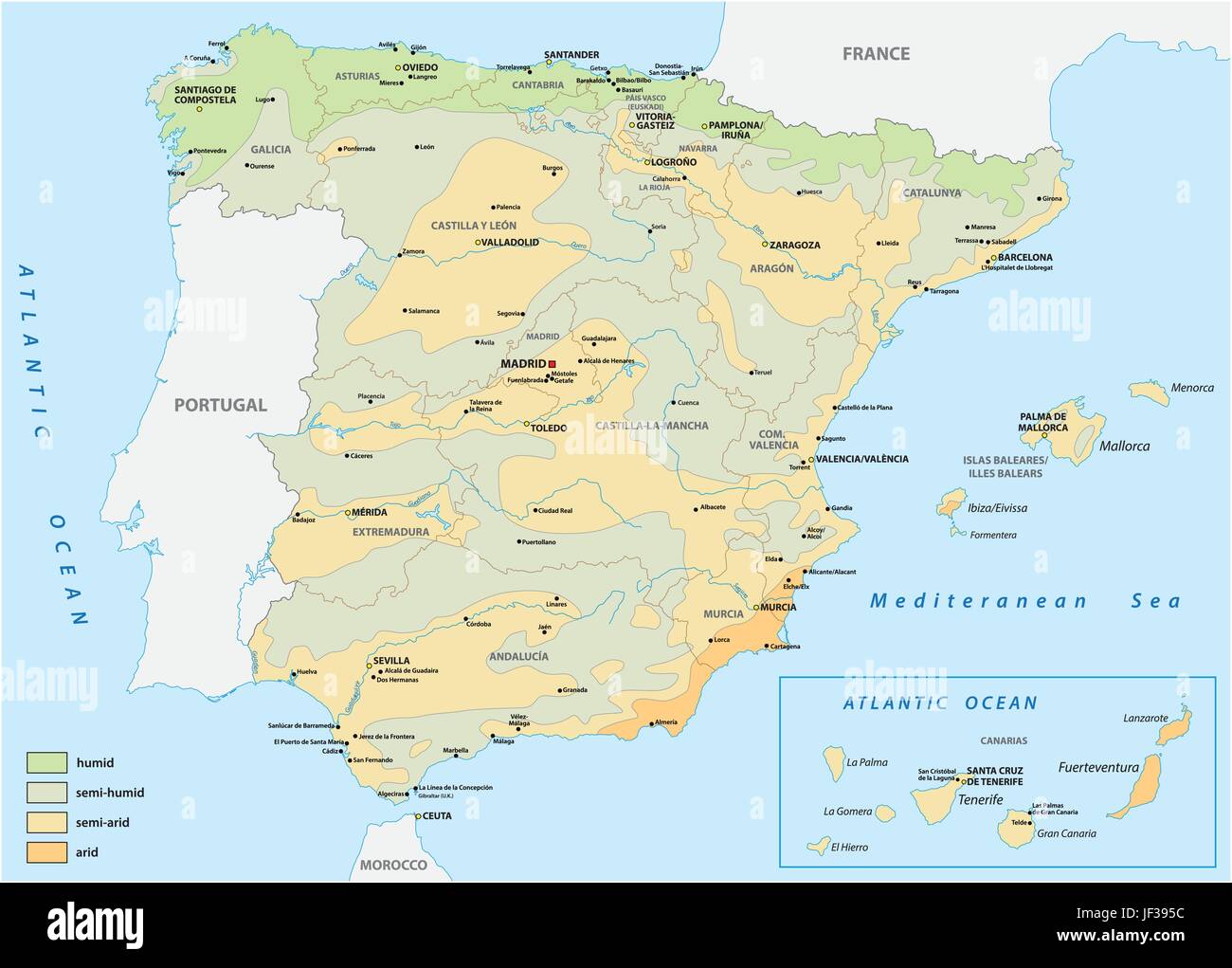 Mappa delle zone umide e in zone aride in Spagna Illustrazione Vettoriale