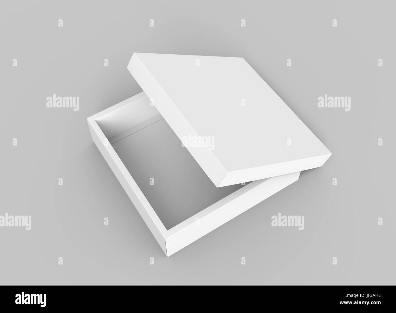 Vuoto inclinazione sinistra flat 3d rendering aperto a metà filate quadrato bianco scatola con coperchio separato, isolato sfondo grigio chiaro vista in elevazione Foto Stock