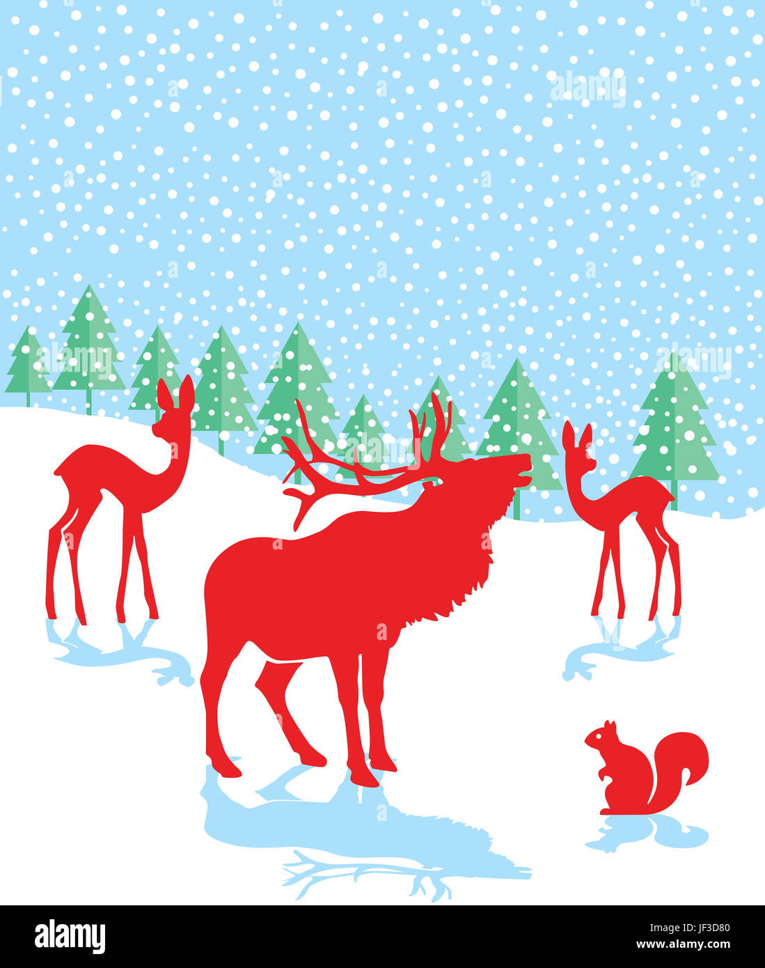 Il cervo e il capriolo con i fiocchi di neve Foto Stock