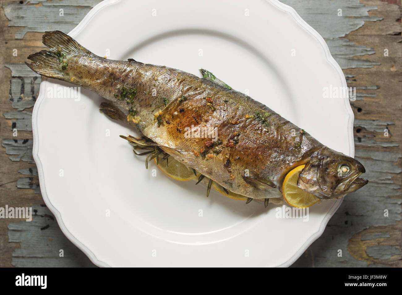 Grigliate di pesce. Trota con rosmarino e cedro. Foto Stock