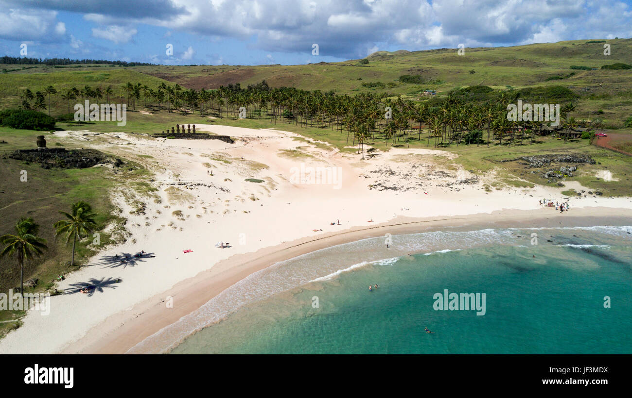 Spiaggia di Anakena sull'Isola di Pasqua, Cile Foto Stock