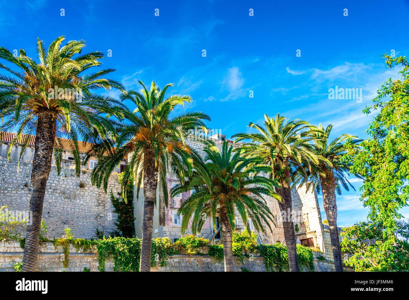Le mura medievali della città di Korcula sono ancora circondate dal centro storico di Korcula, con mura in pietra spesse 14th secoli e torri costruite in epoca medievale. Foto Stock