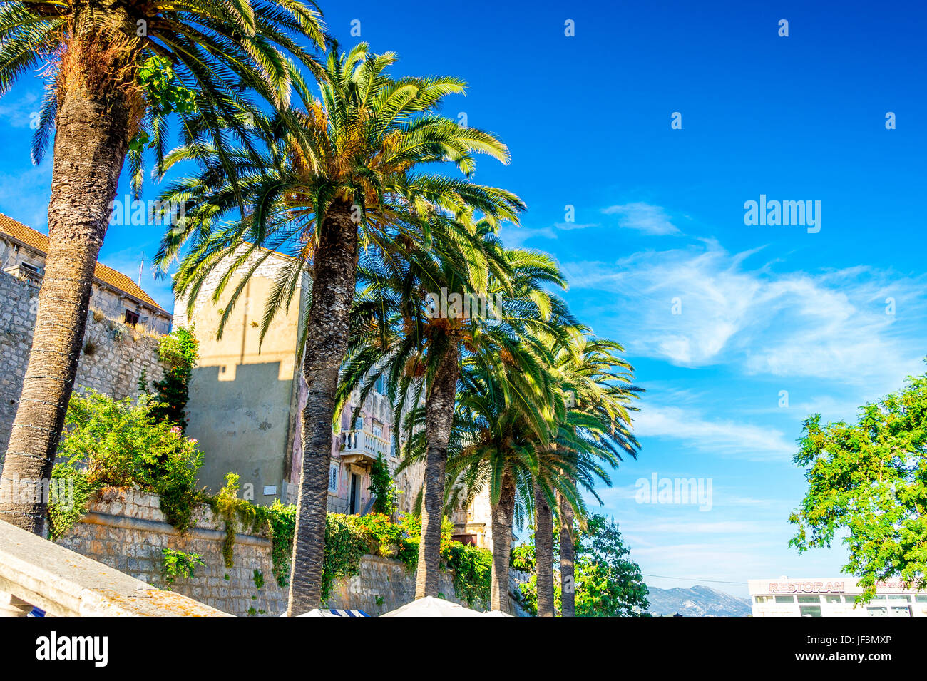 Le mura medievali della città di Korcula sono ancora circondate dal centro storico di Korcula, con mura in pietra spesse 14th secoli e torri costruite in epoca medievale. Foto Stock