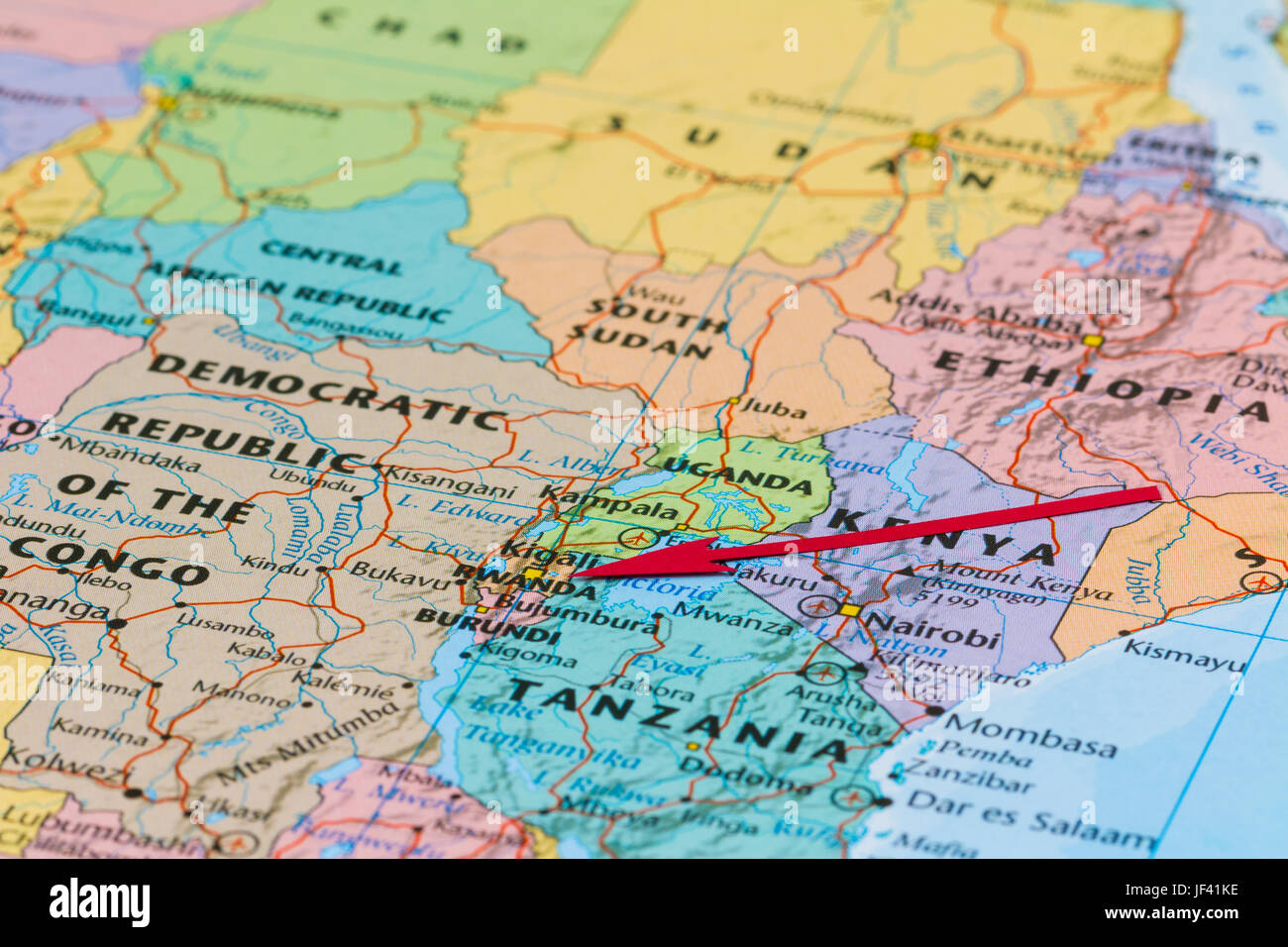Foto del Ruanda. Paese indicato dalla freccia rossa. Paese del continente africano. Foto Stock