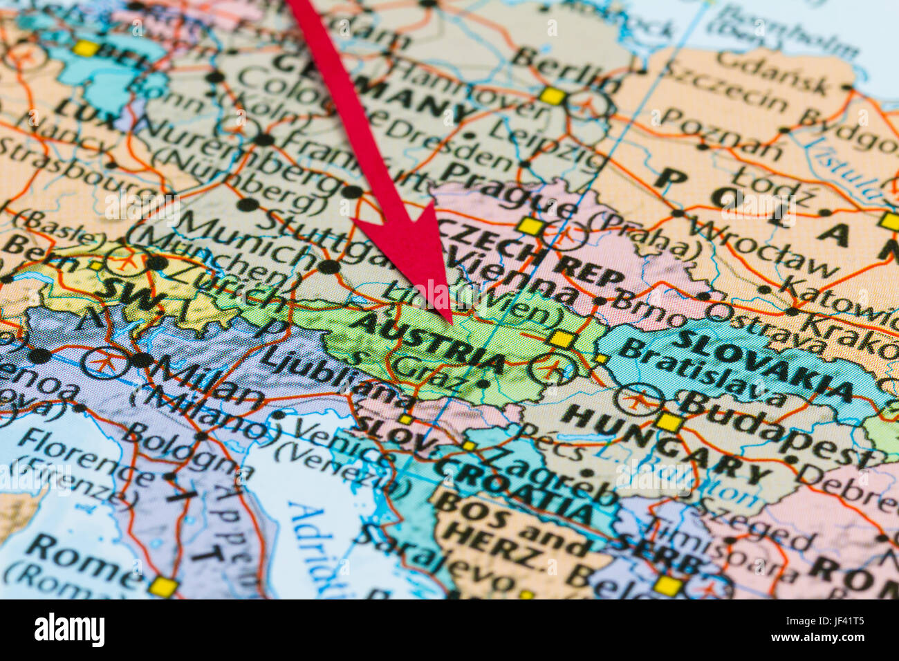 Foto di Austria . Paese indicato dalla freccia rossa. Paese del continente europeo. Foto Stock