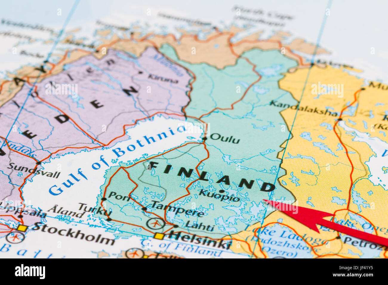 Foto della Finlandia. Paese indicato dalla freccia rossa. Paese del continente europeo. Foto Stock