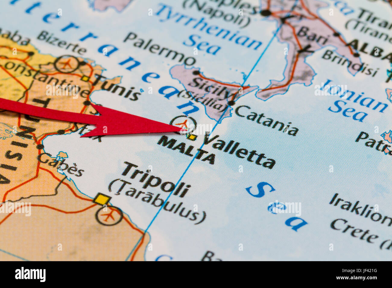Foto di Malta. Paese indicato dalla freccia rossa. Paese del continente europeo. Foto Stock