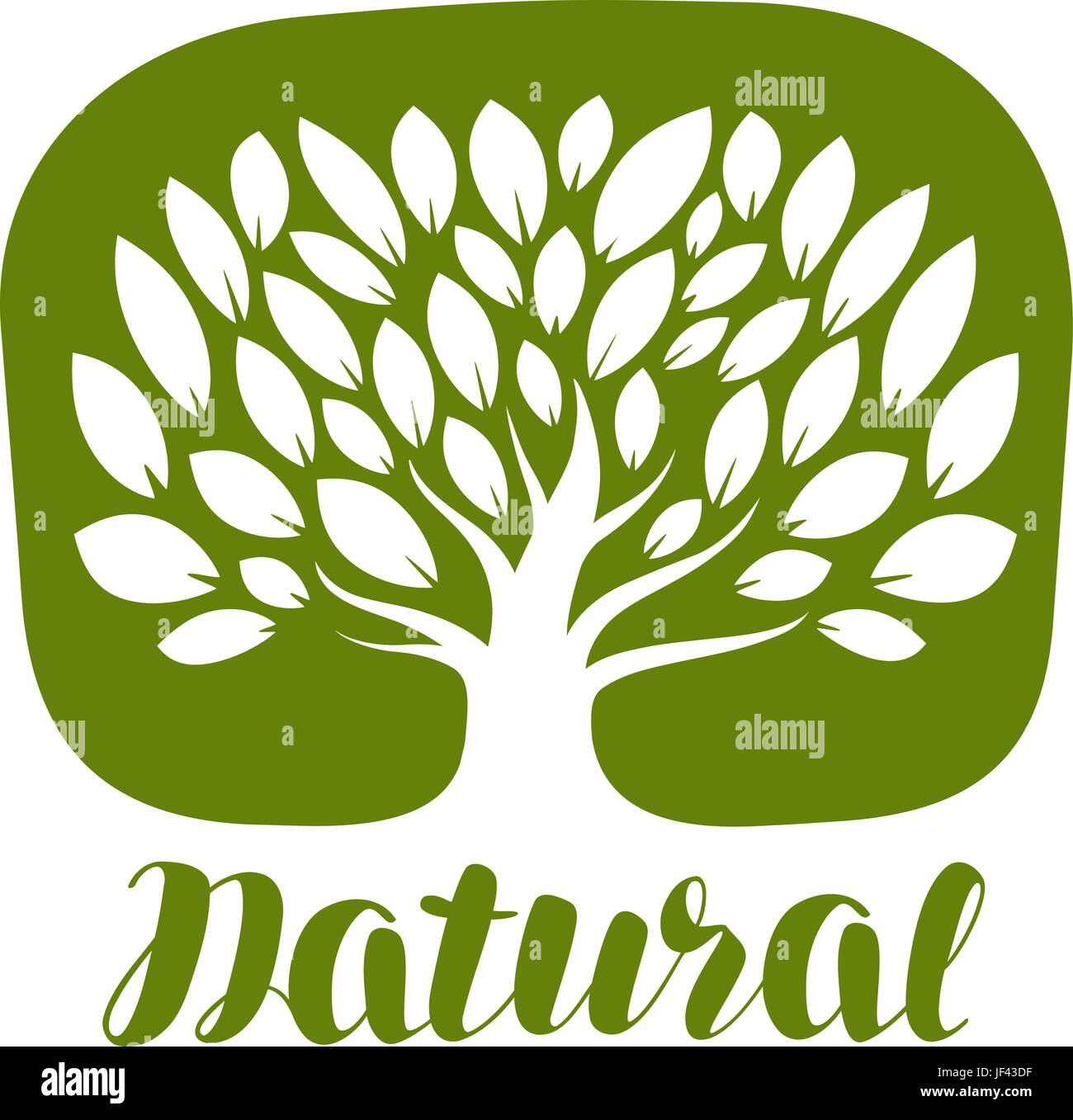 Albero con foglie o etichetta logo. Naturale, icona di organico. Lettering illustrazione vettoriale Illustrazione Vettoriale