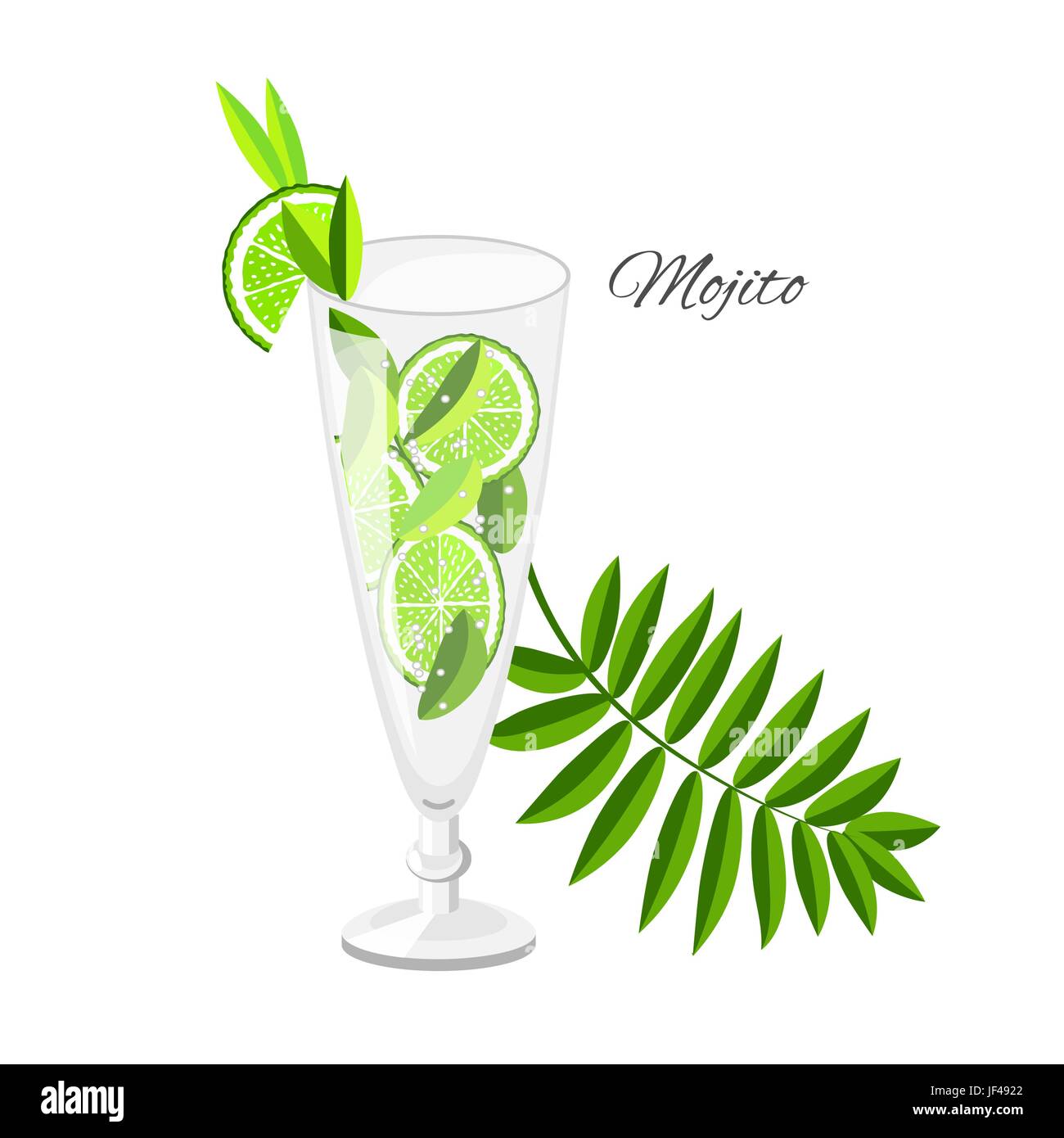 Cocktail Mojito vettore stile cartoon. Estate long drink isolato su bianco per il ristorante e bar menu o beach party banner e flyer Illustrazione Vettoriale