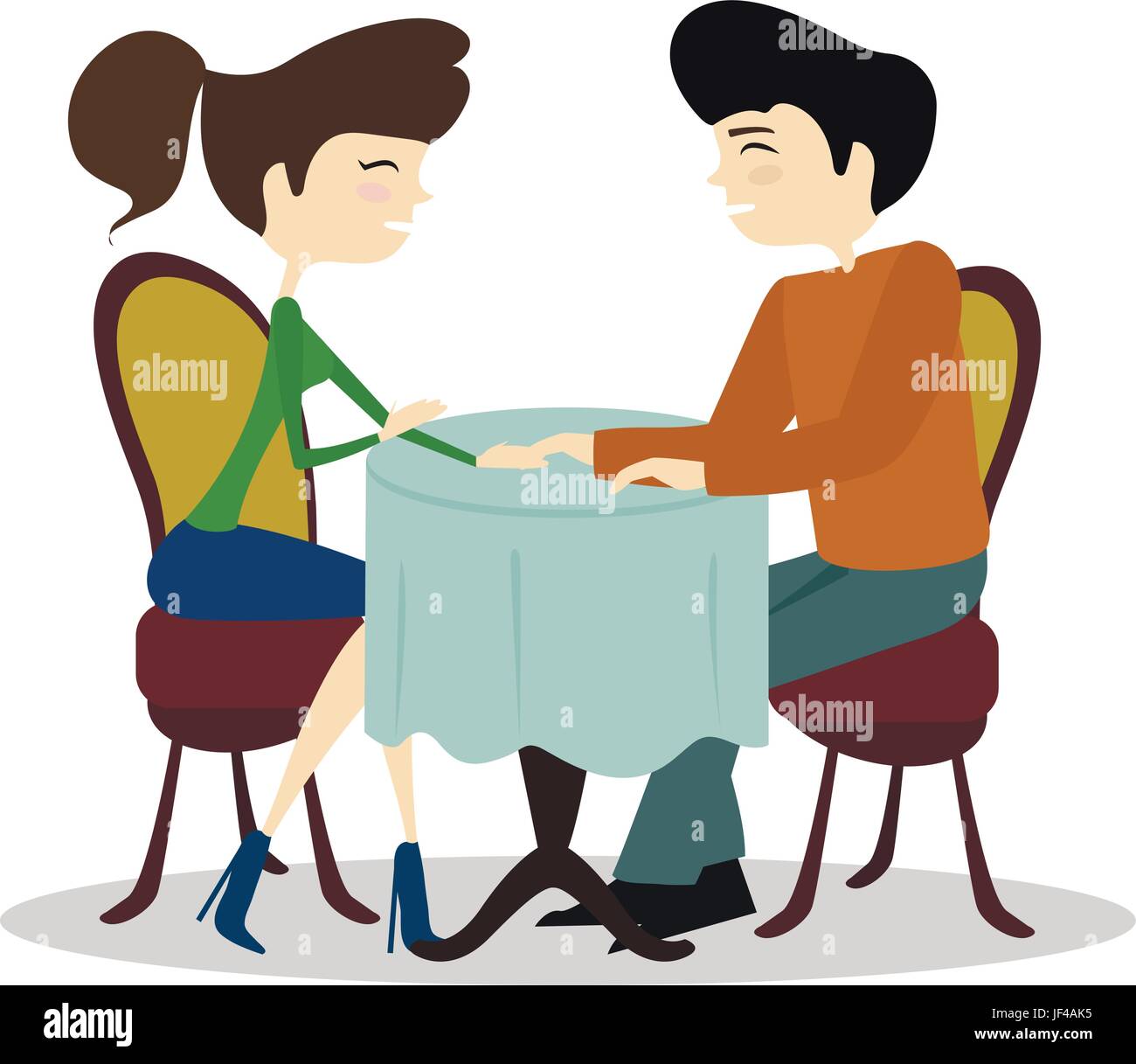 Illustrazione di un uomo e di una donna che chiede a ciascuno di altri interrogativi in un speed dating event seduti a tavola in un cafe Illustrazione Vettoriale