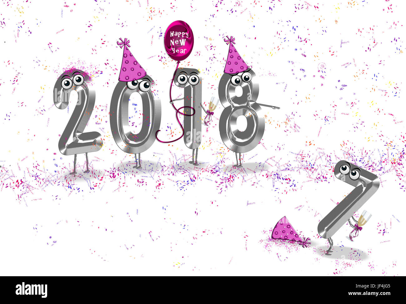Nuovo anno 2018 argento testo di metallo per party umorismo con palloncino rosa e coriandoli Foto Stock
