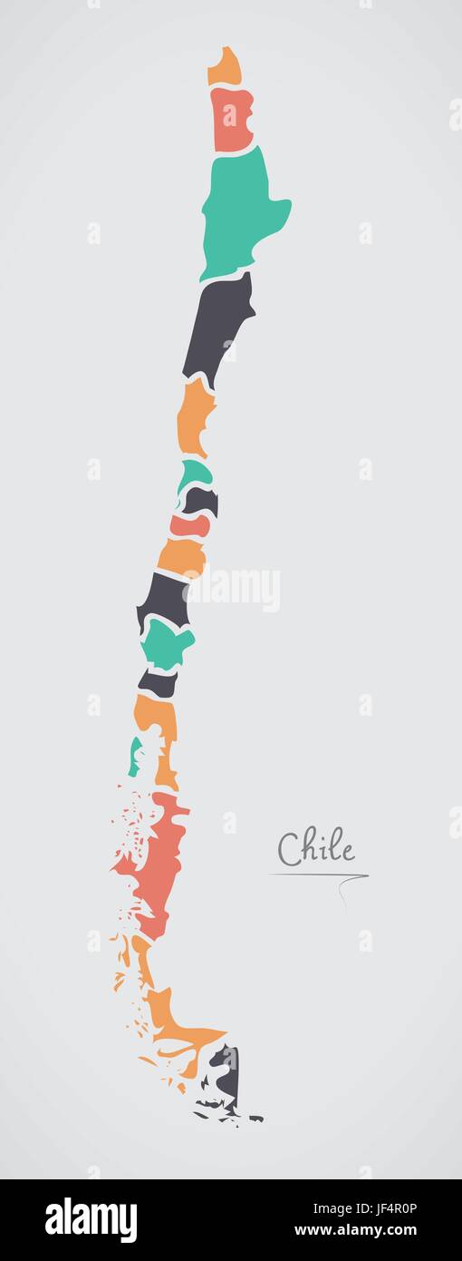 Mappa di Cile con gli stati e le moderne forme rotonde Illustrazione Vettoriale