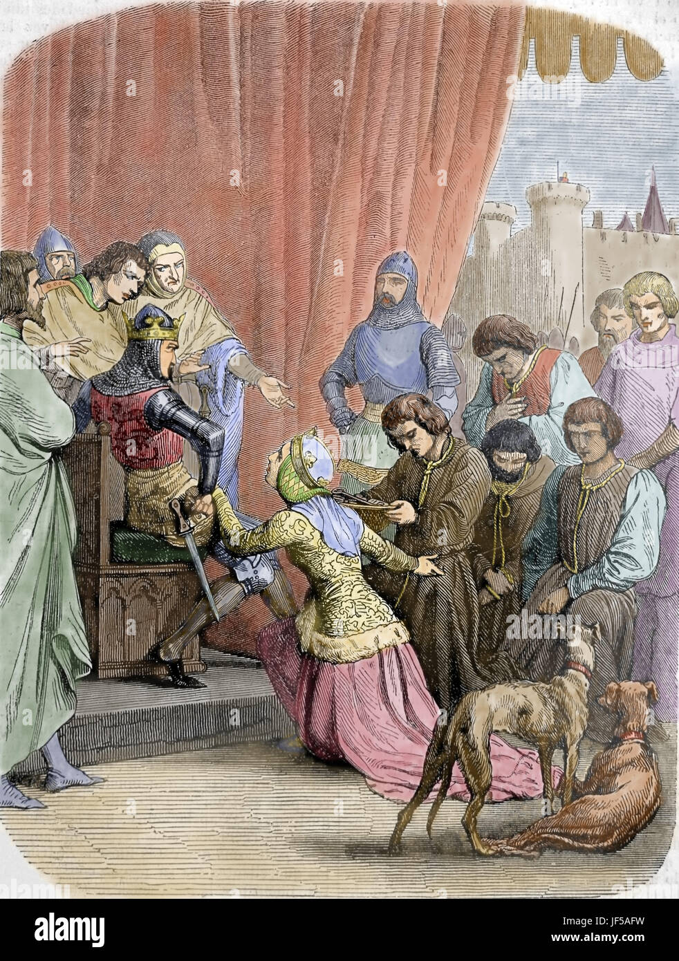 Philippa di Hainault (1314-1369) del XIV secolo. Convincere il marito, il re Edwar III di risparmiare la vita di i borghesi di Calais in 1347. Foto Stock