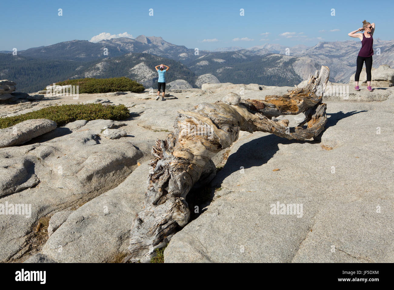 Due escursionisti prendere un momento per tendere in cima Sentinel Dome, un picco roccioso che offre splendide vedute sulla valle di Yosemite. Foto Stock