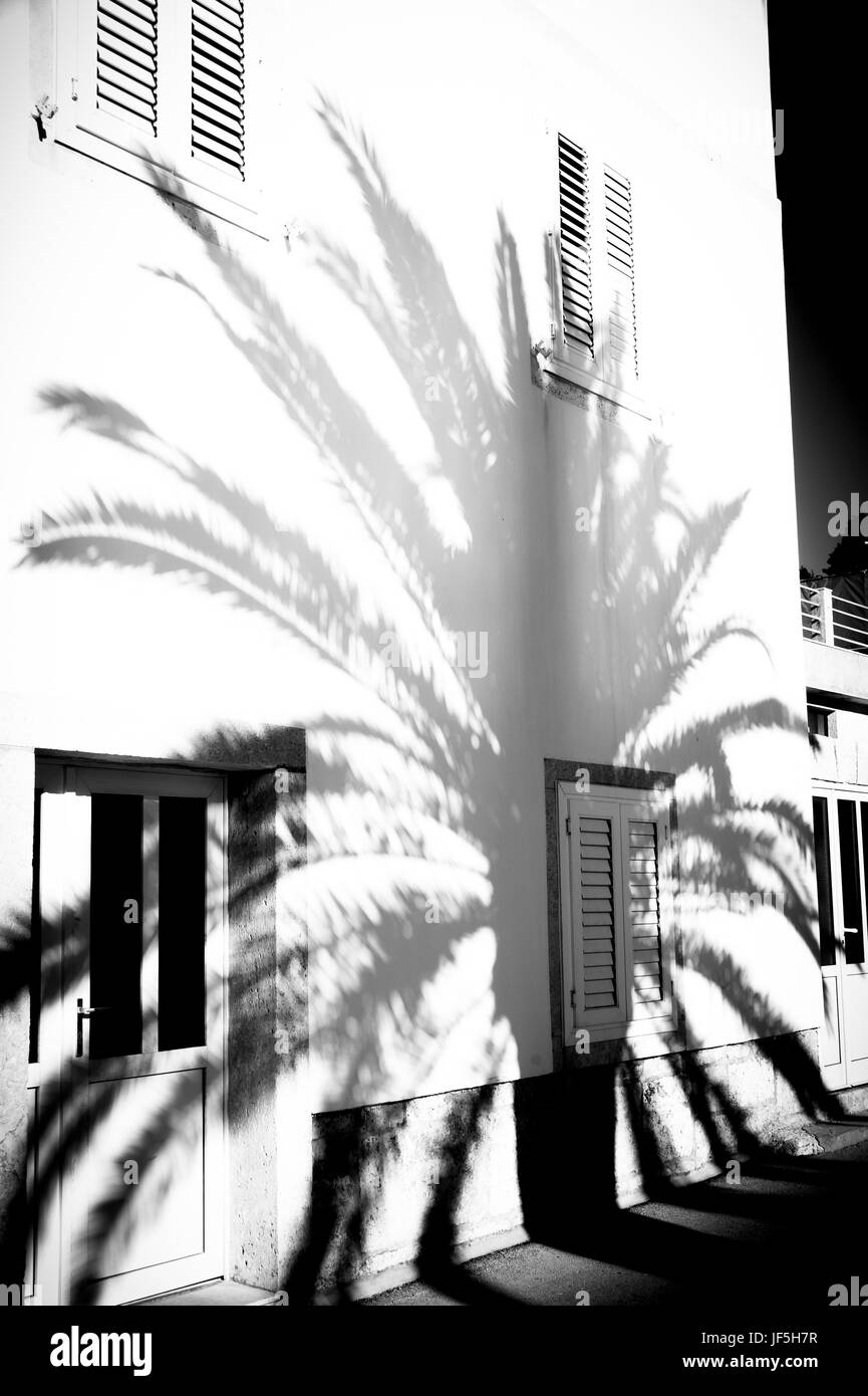 Una parete d'ombra su un muro lungo Plaza Luka Korculanska nella città di Korcula, Croazia Foto Stock