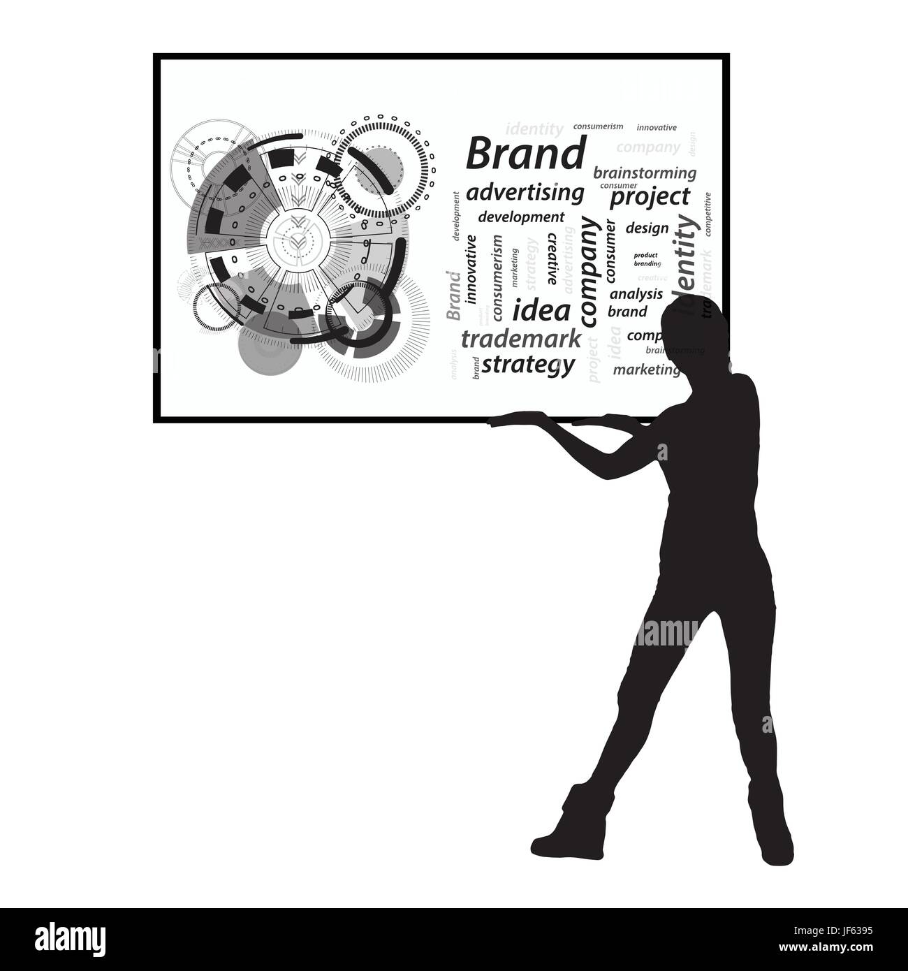 Il concetto di marca. Iscrizioni nel telaio. Stagliano business ragazza tenendo un banner nelle sue mani. Illustrazione per il tuo design Illustrazione Vettoriale