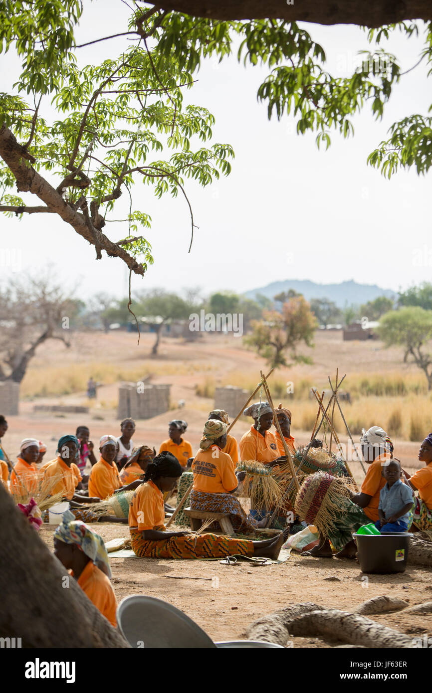 Le donne da un tessitore cooperativa tessere tradizionali cesti di paglia insieme nella Upper East Regione, Ghana. Foto Stock