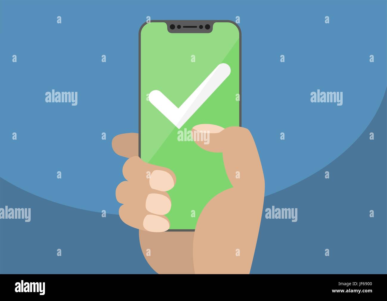 Segno di spunta bianco su verde touchscreen. Mano che tiene la mascherina libero / smartphone prive di telaio. Mobile Success concetto. Design moderno per il banner web e siti web Illustrazione Vettoriale