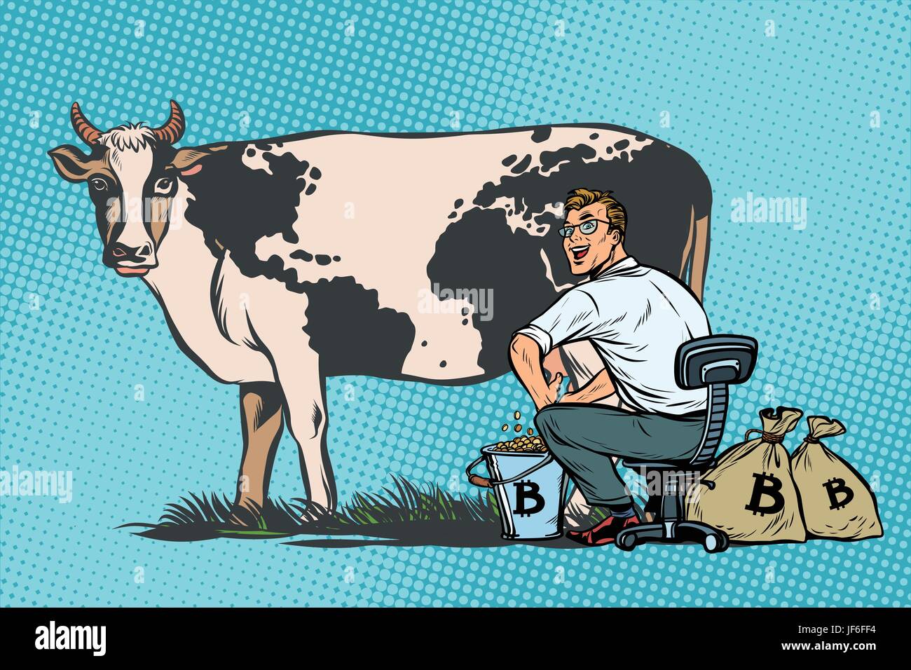 Imprenditore bitcoins miniere di mungere una vacca, world business Illustrazione Vettoriale