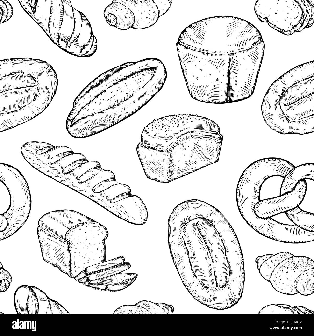 Il cibo senza giunture schizzo pattern. Disegnata a mano il pane e prodotti da forno, sfondo incisione di freehand lo stile artistico modello senza giunture Illustrazione Vettoriale