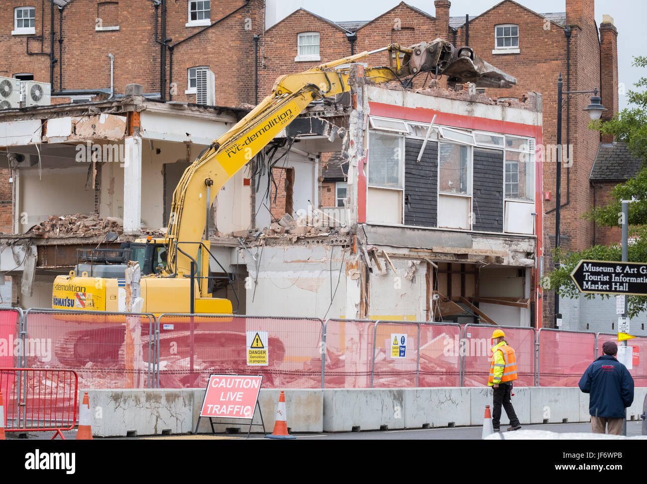 Costruzione di demolizione a Shrewsbury Town Center, Shropshire, Inghilterra, Regno Unito Foto Stock