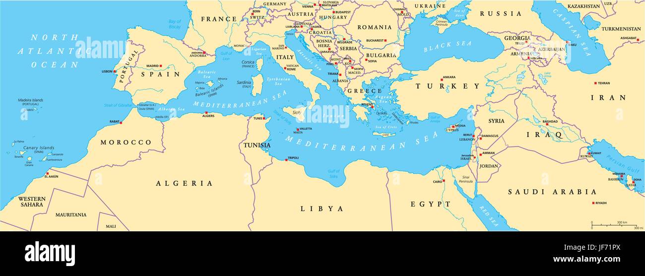 Bacino mediterraneo Mappa Politico Illustrazione Vettoriale