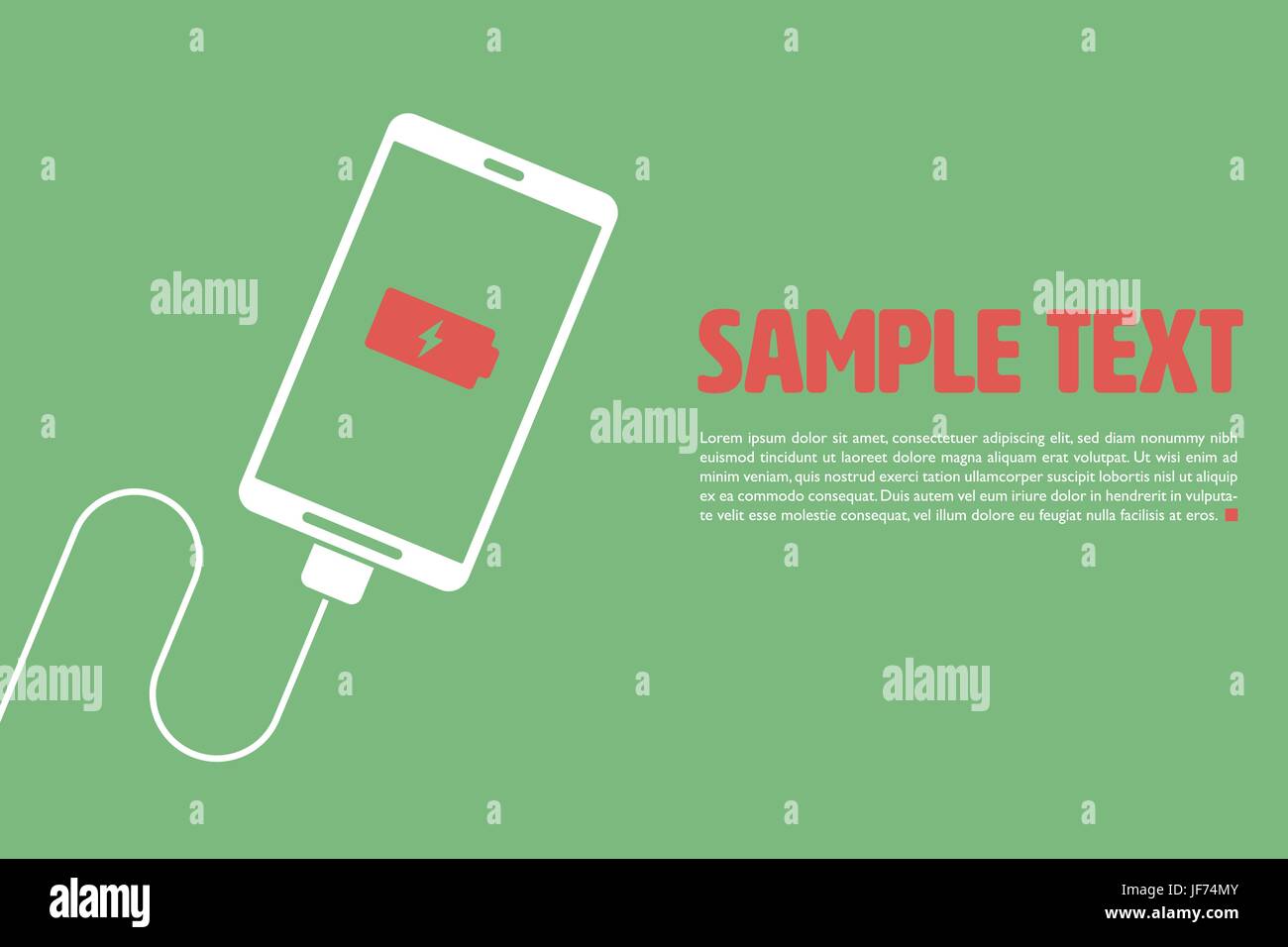 Graphic template vettoriale con smart phone sul filo di carica della batteria e un testo di esempio Illustrazione Vettoriale