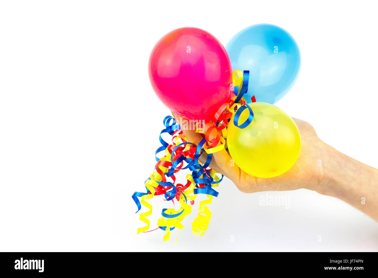Dando a mano palloncini colorati con nastri Foto Stock
