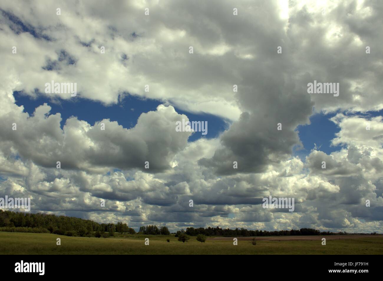 Grande cielo pieno di nubi su terreni agricoli Foto Stock