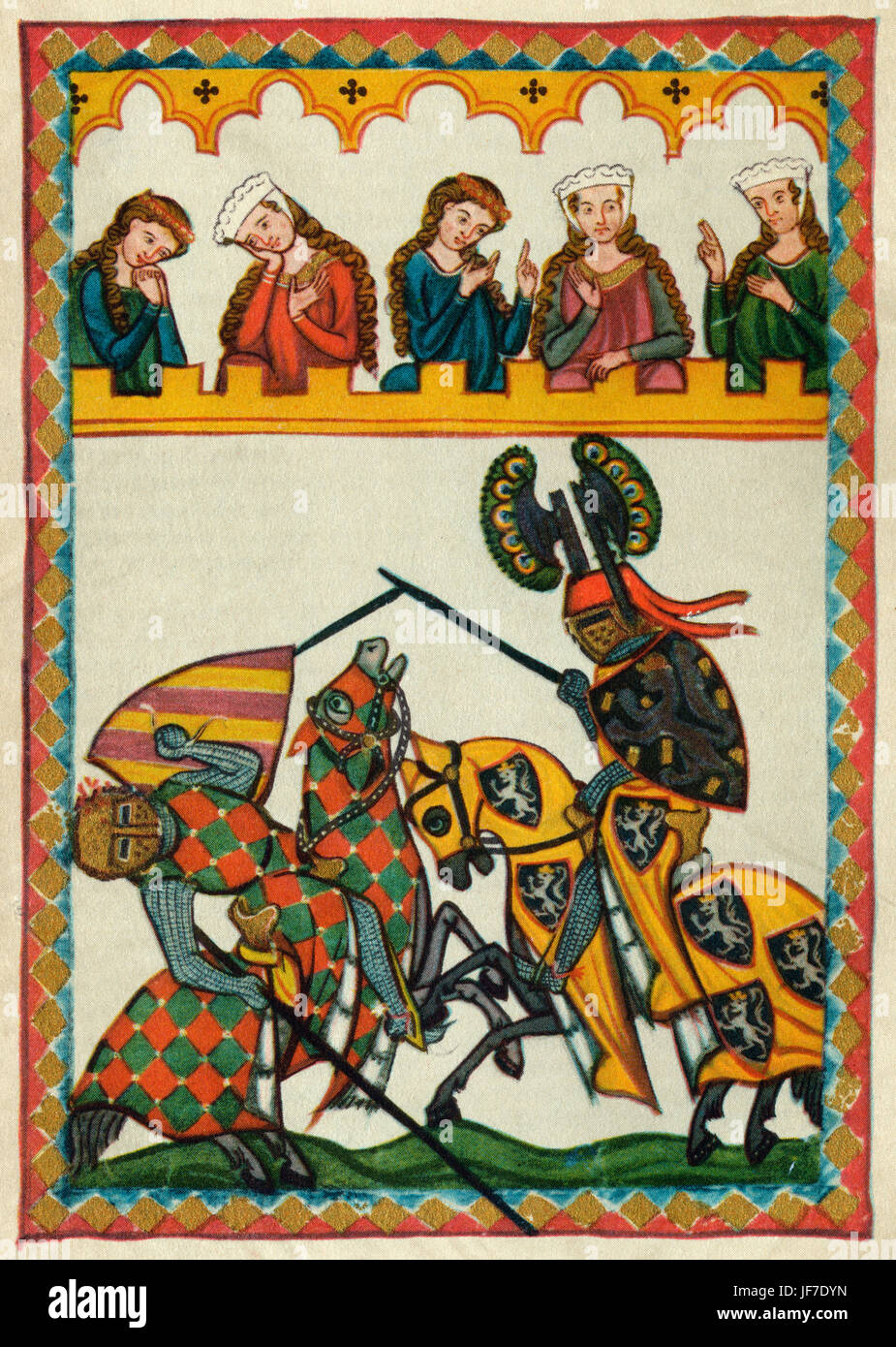 Turgovia poeta Walter von Klingen (1240-1286), Cavaliere di Rudolf I d Asburgo, sconfigge un altro cavaliere in un torneo. Codex Manesse (ca.1300) da Rudiger Manesse e suo figlio Johannes. Miniatura. Folio 52r. Università di Heidelberg. Libreria. Foto Stock