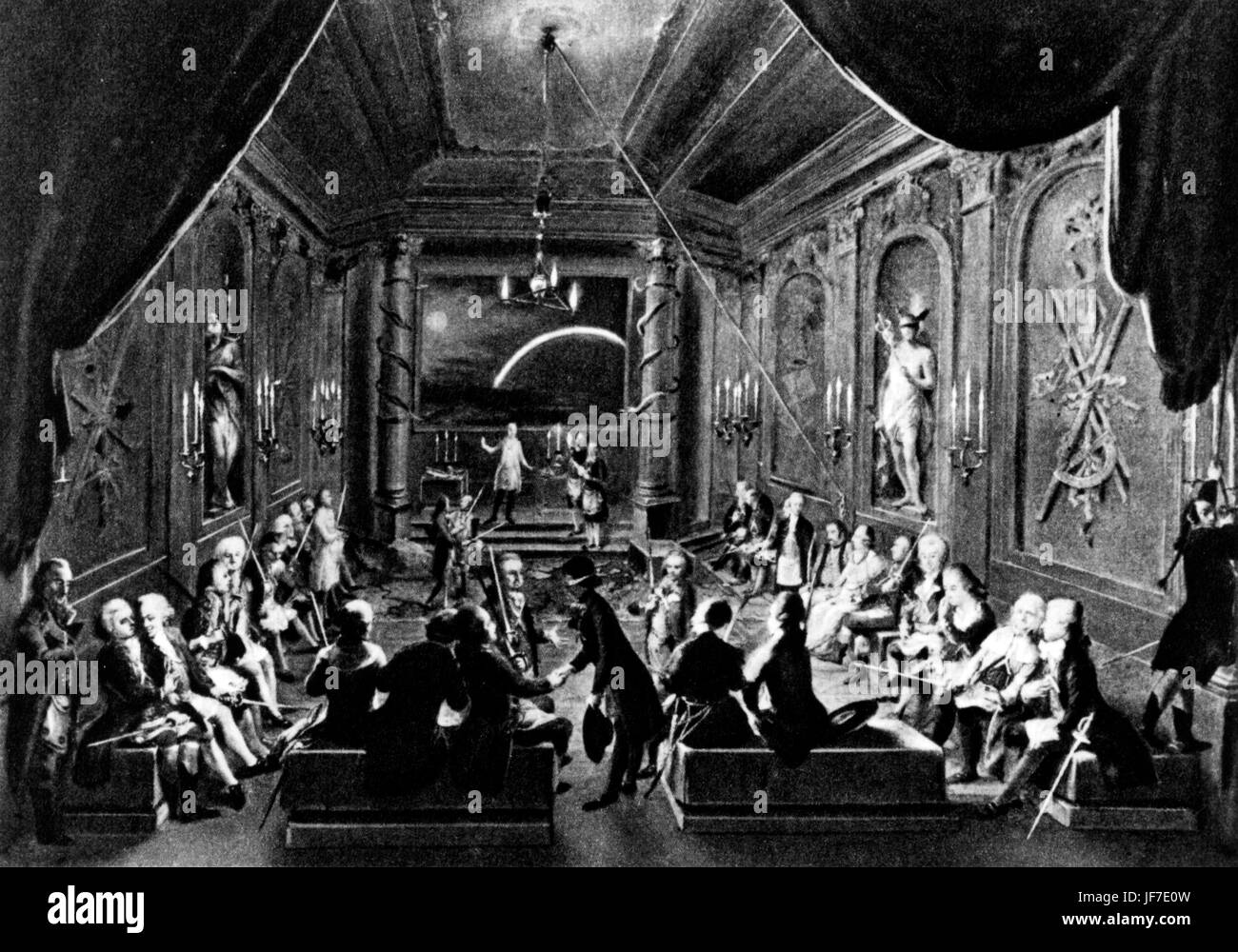 Massone's Lodge, Vienna, Austria, circa 1780 cerimonia di iniziazione.Il collegamento con Mozart e Haydn. Foto Stock