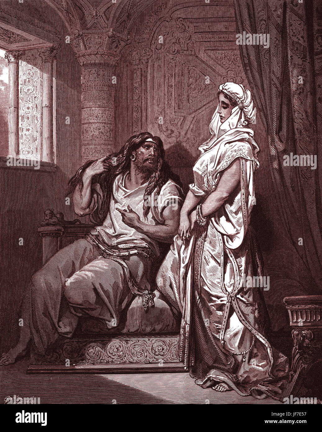 Sansone e Dalilah, scena biblica del Vecchio Testamento. Xilografia da Gustave Doré (1832 - 1883). Trattamento operistico del racconto di Saint-Saëns. Anche 'Samson', oratorio di Handel, basato su John Milton il poema epico 'Samson Agonistes'. Dalila, Delila, Delilah, Simson Foto Stock