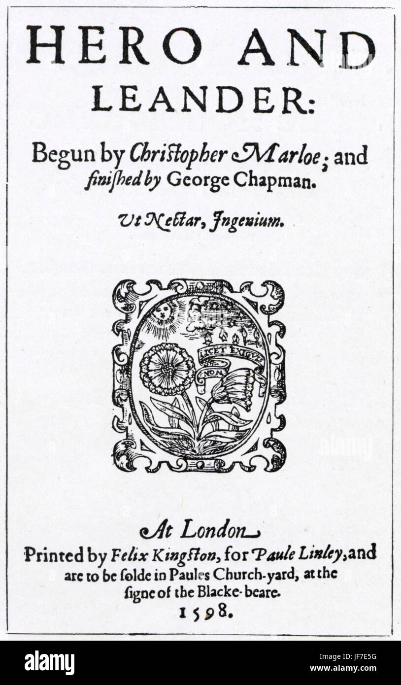 Pagina del titolo di Christopher Marlowe 's Hero e Leander 1598. Drammaturgo inglese 1564- 1593. Età elisabettiana. Foto Stock