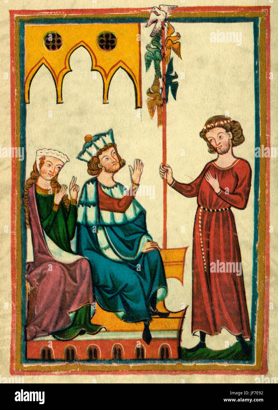 Meister Spervogel poeta del XII secolo, offre le sue liriche alla Corte. Codex Manesse (ca.1300) o grosse Heidelberger Liederhandschrift da Rudiger Manesse e suo figlio Johannes. Università di Heidelberg. Libreria. Foto Stock