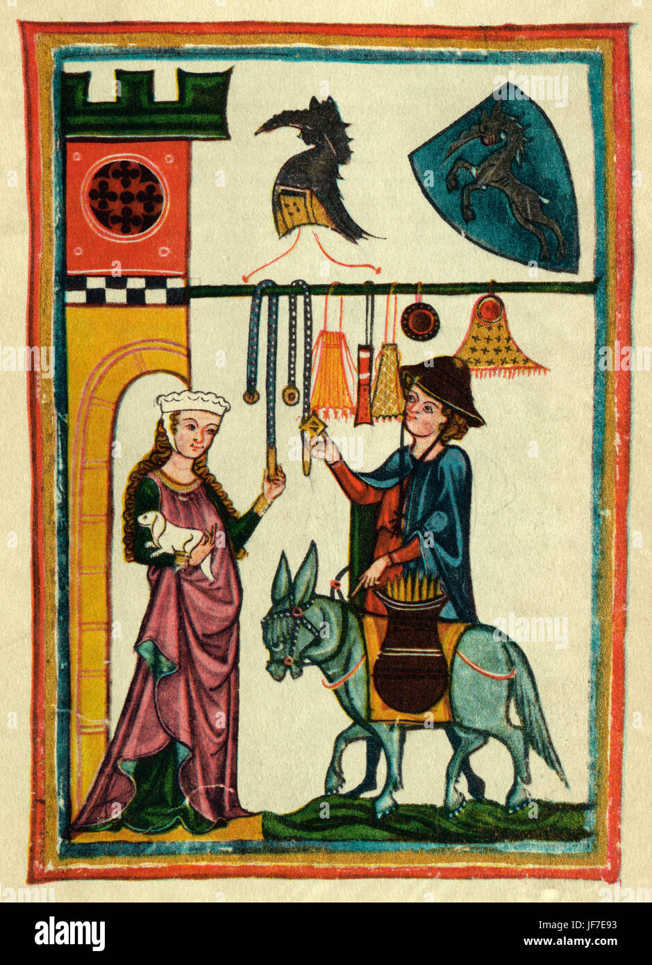 Dietmar von Aist -poeta austriaco,parla alla sua dama , travestito da un mercante. . Illuminazione da Codex Manesse o grosse Heidelberger Liederhandschrift,(ca.1300) da Rudiger Manesse e suo figlio Johannes. Miniatura. Folio 64r. Università di Heidelberg. Foto Stock